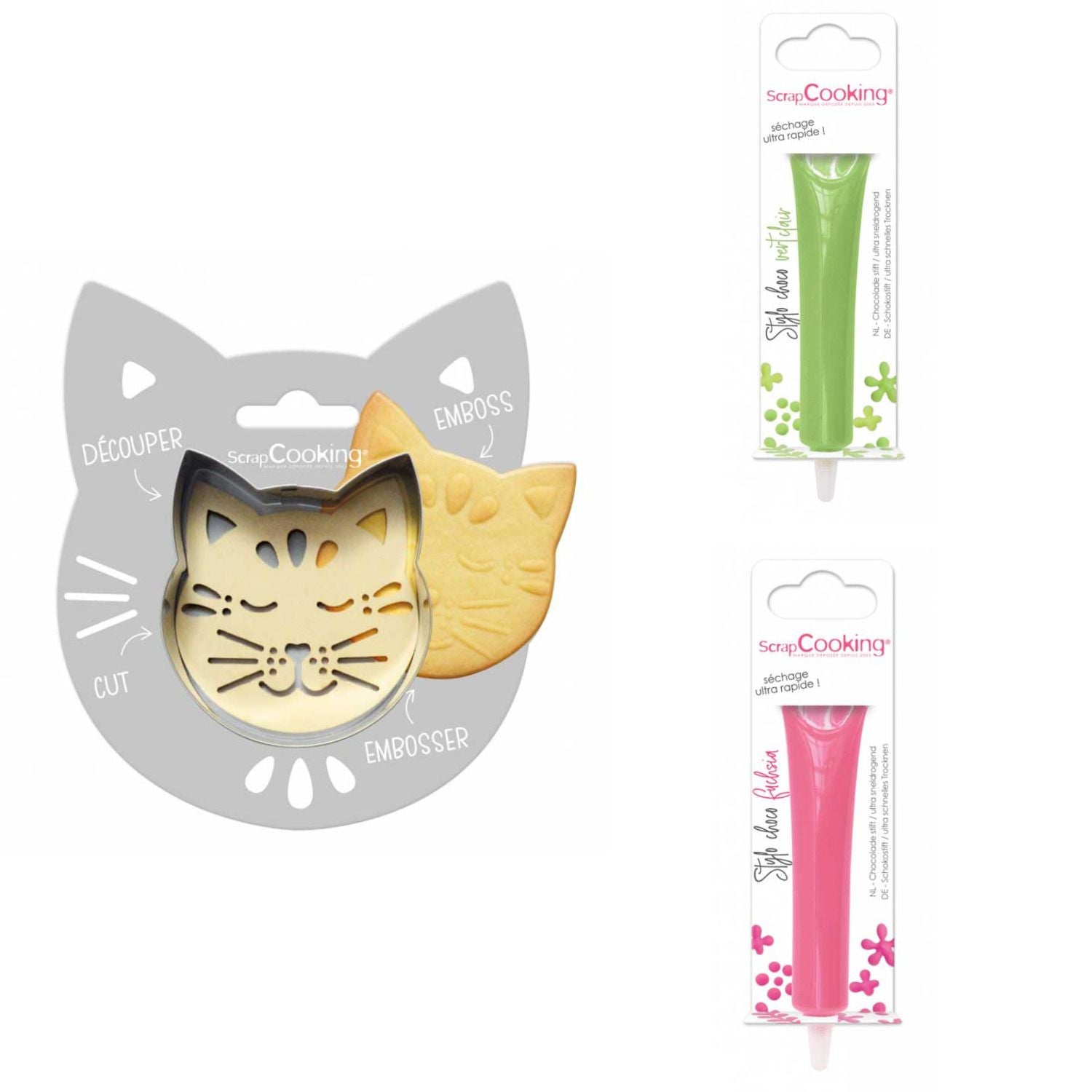 Kit pour biscuit en relief Chat + 2 Stylos au chocolat vert clair et fuchsia Scrapcooking - Mathon