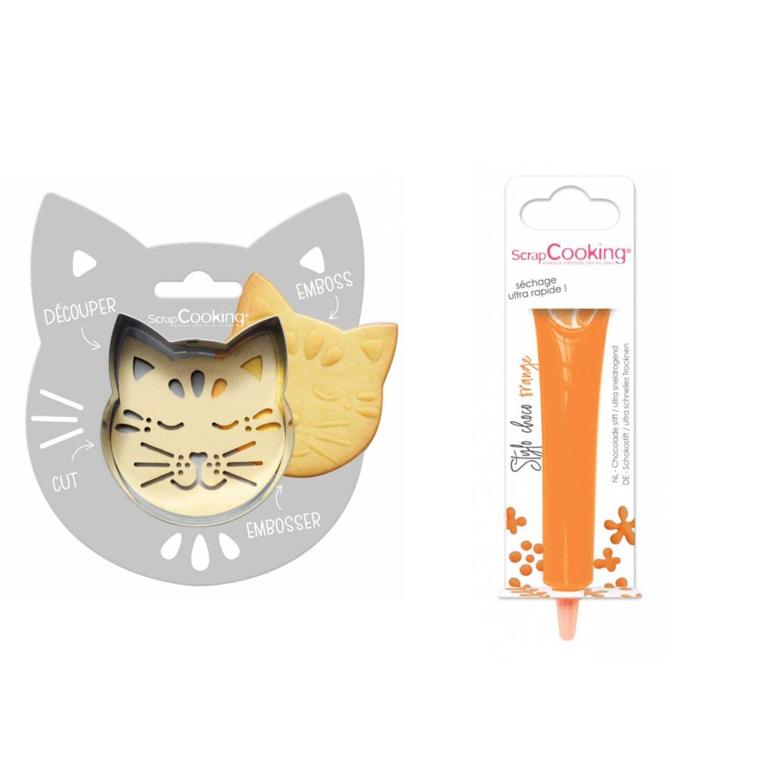 Kit pour biscuit en relief Chat + Stylo au chocolat orange Scrapcooking - Mathon