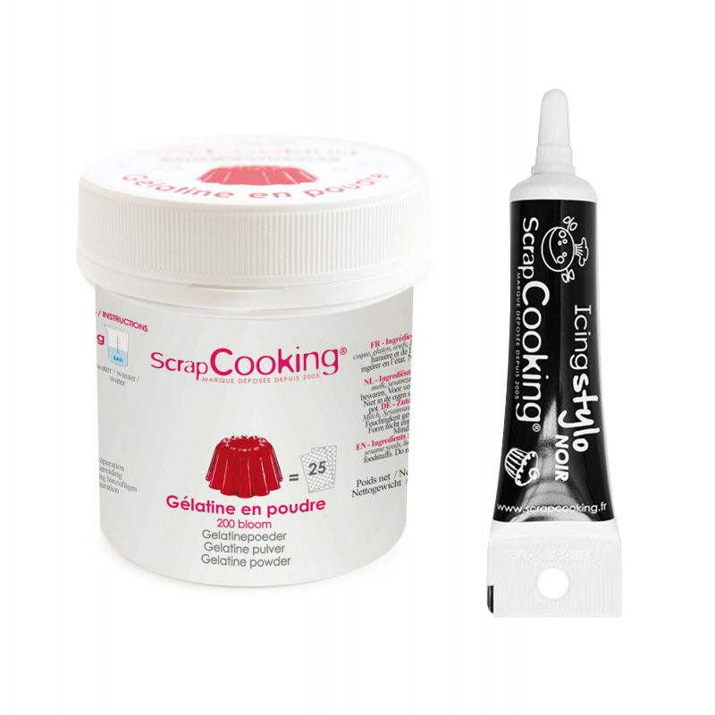 Gélatine en poudre 50 g + Stylo de glaçage noir Scrapcooking - Mathon