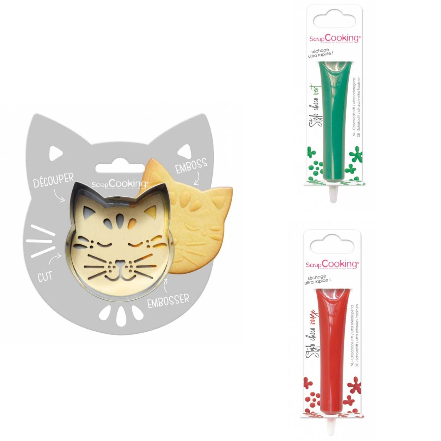 Kit pour biscuit en relief Chat + 2 Stylos au chocolat vert et rouge Scrapcooking - Mathon