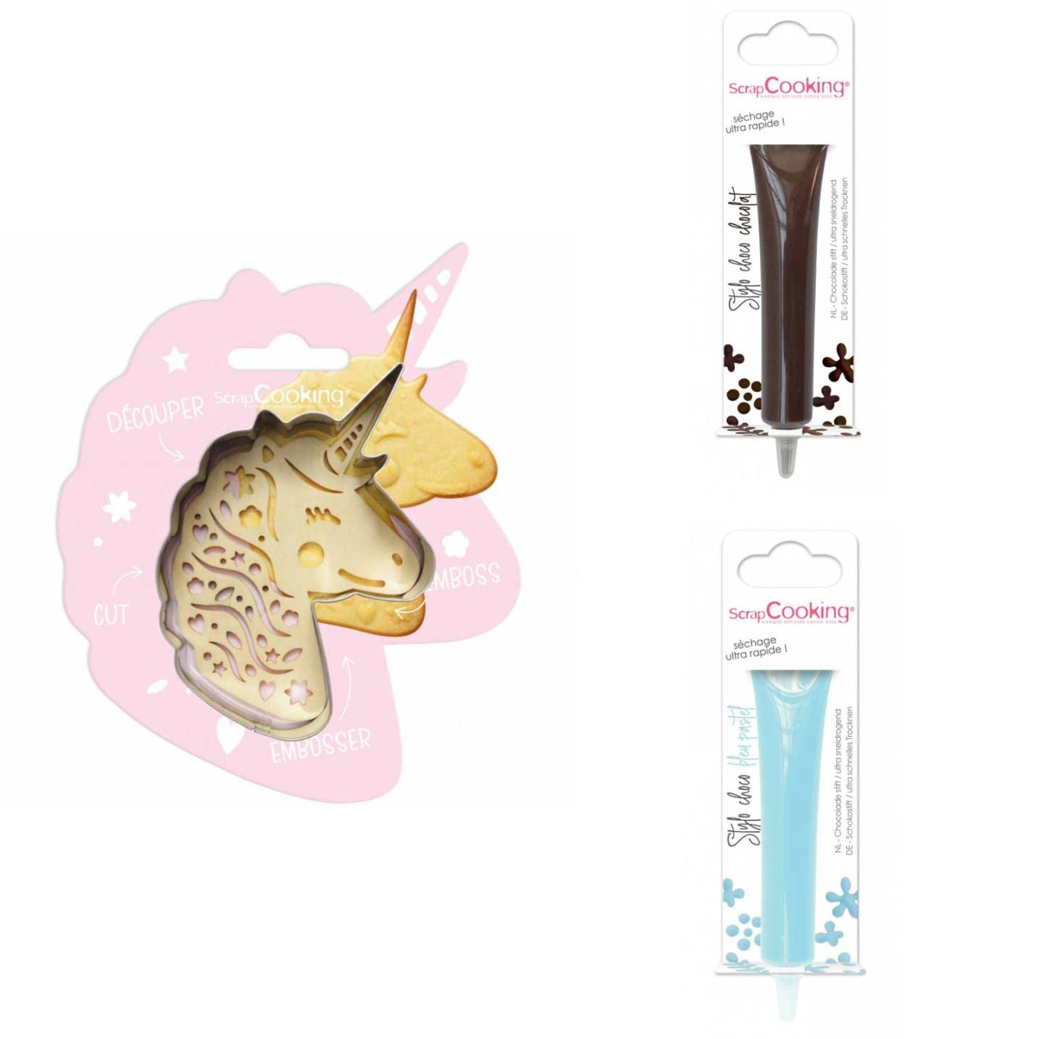 Kit pour biscuit en relief Licorne + 2 Stylos au chocolat marron et bleu pastel Scrapcooking - Mathon