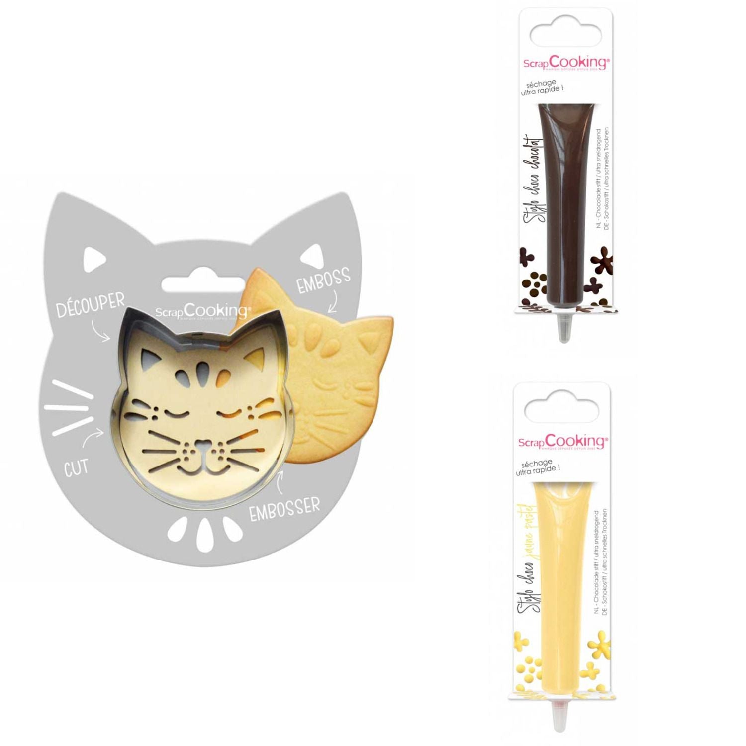Kit pour biscuit en relief Chat + 2 Stylos au chocolat marron et jaune pastel Scrapcooking - Mathon