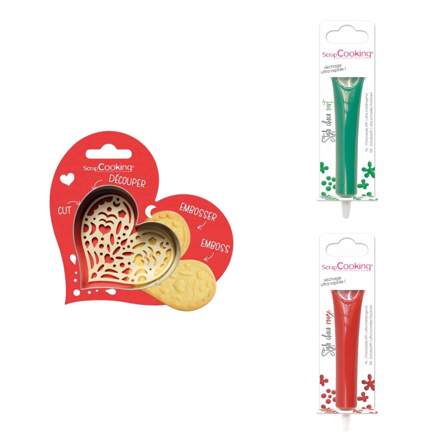 Kit pour biscuit en relief Coeur + 2 Stylos au chocolat vert et rouge Scrapcooking - Mathon