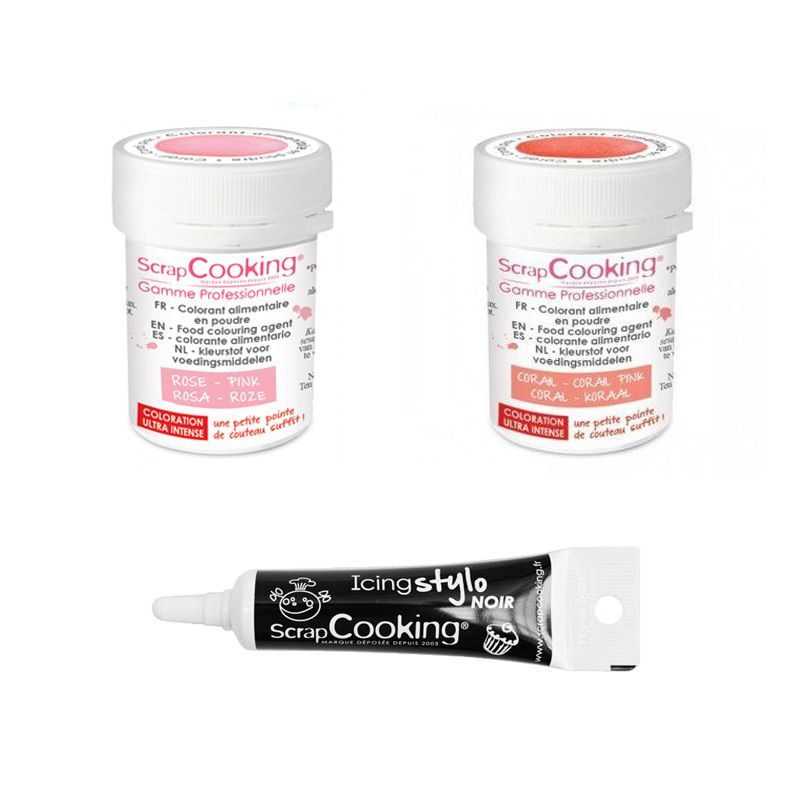 2 colorants alimentaires rose poudré-corail + Stylo glaçage noir Scrapcooking - Mathon