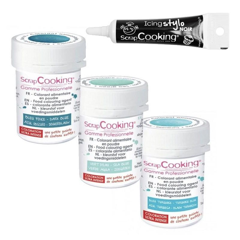 3 colorants alimentaires Bleu des mers + Stylo de glaçage noir Scrapcooking - Mathon