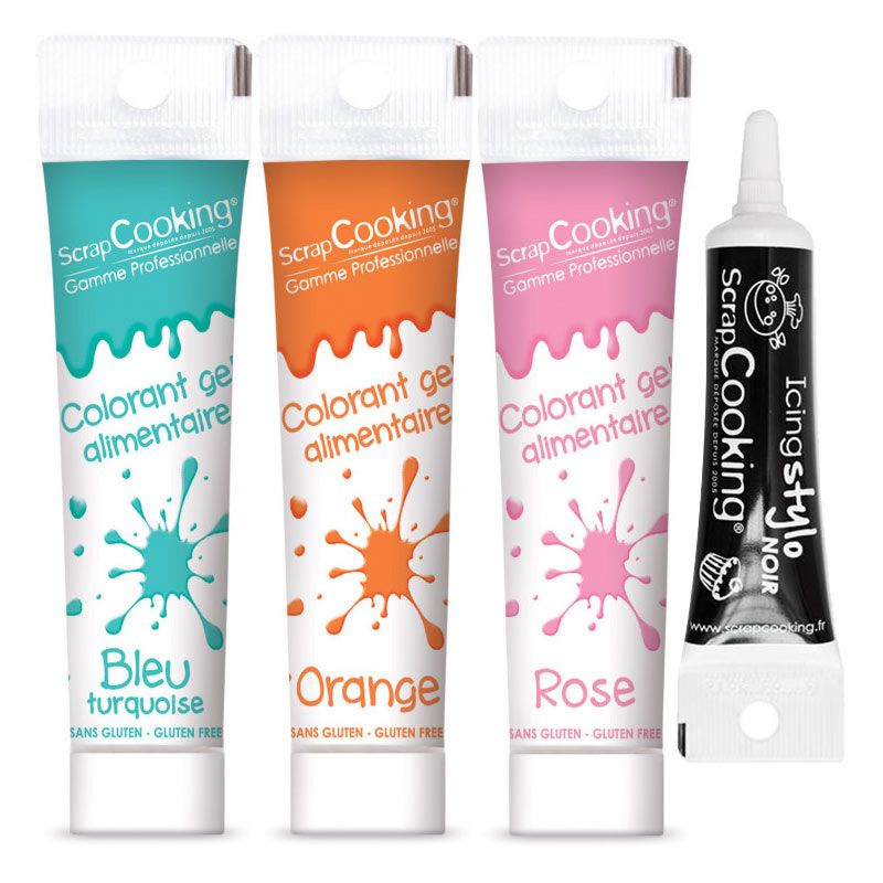 3 colorants alimentaires en gel rose orange turquoise + Stylo glaçage noir Scrapcooking - Mathon