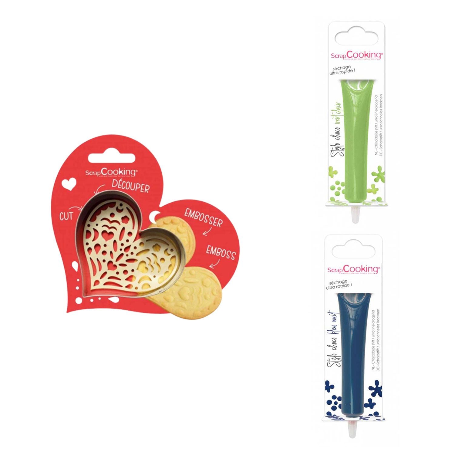 Kit pour biscuit en relief Coeur + 2 Stylos au chocolat vert clair et bleu nuit Scrapcooking - Mathon