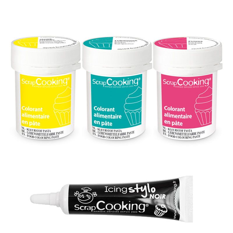 3 colorants alimentaires en pâte fuchsia-turquoise-citron + Stylo glaçage noir Scrapcooking - Mathon