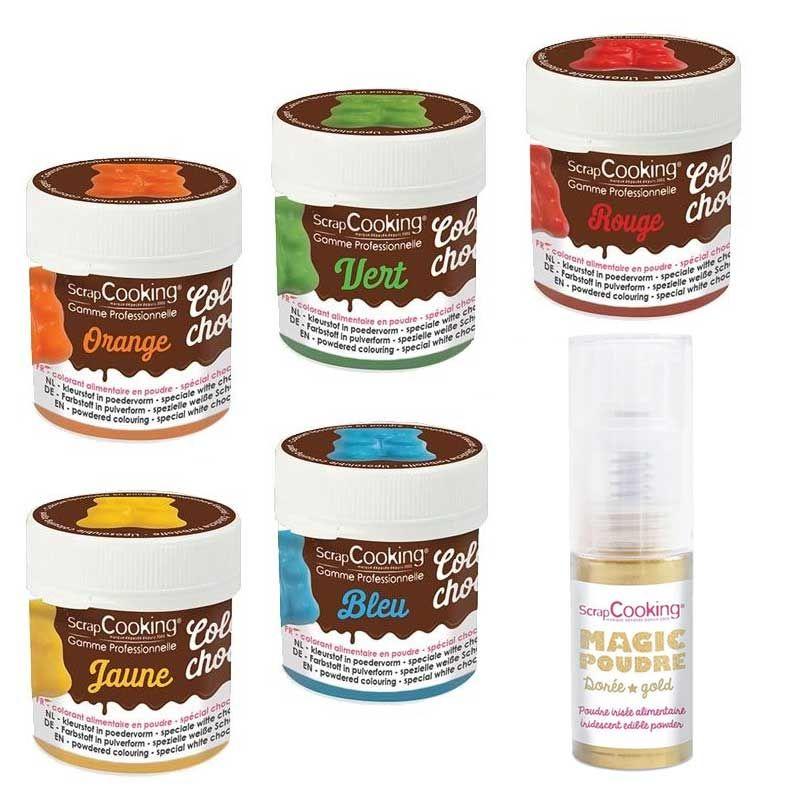 5 colorants liposolubles bleu-jaune-rouge-vert-orange + 1 poudre alimentaire irisée dorée Scrapcooking - Mathon