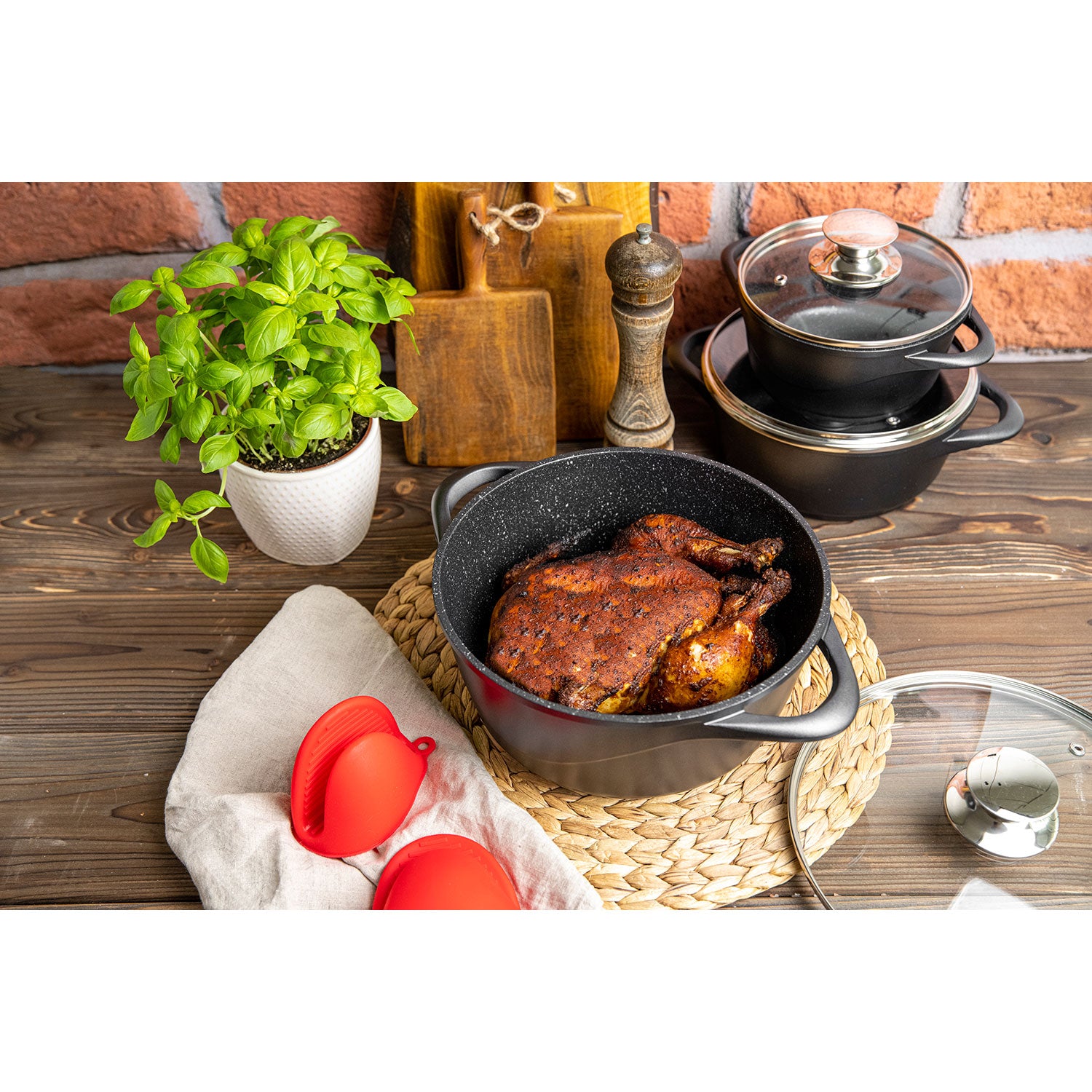 Batterie de Cuisine Induction 8 Pièces Aluminium Fonte 4 Casseroles 4 Couvercles  Noir BRI-MGK17 - Mathon - 6