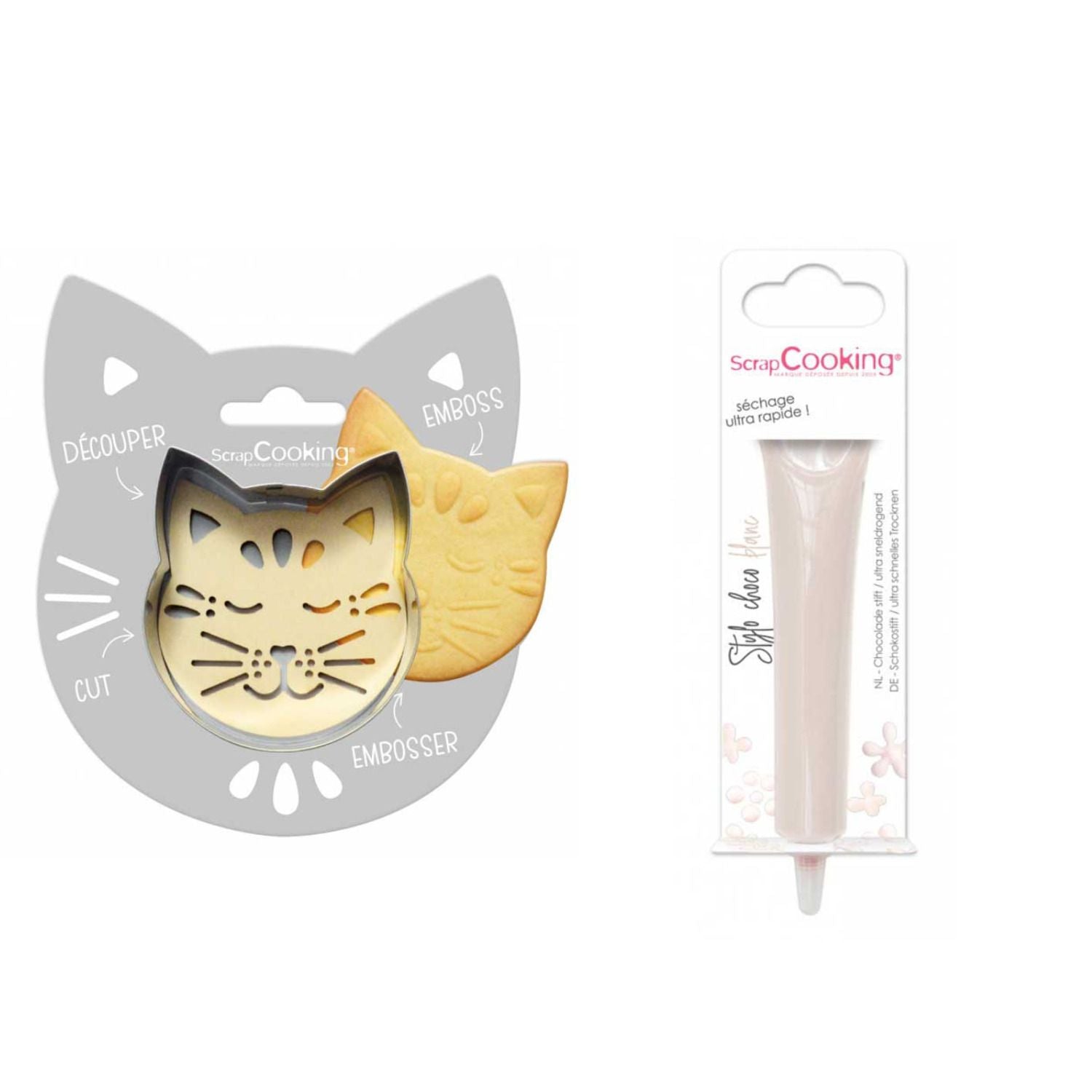 Kit pour biscuit en relief Chat + Stylo au chocolat blanc Scrapcooking - Mathon