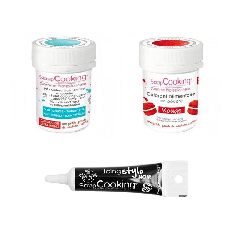 2 colorants alimentaires rouge-turquoise + Stylo glaçage noir Scrapcooking - Mathon