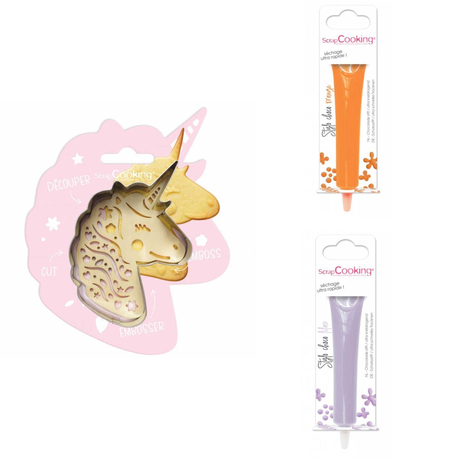 Kit pour biscuit en relief Licorne + 2 Stylos au chocolat orange et lilas Scrapcooking - Mathon