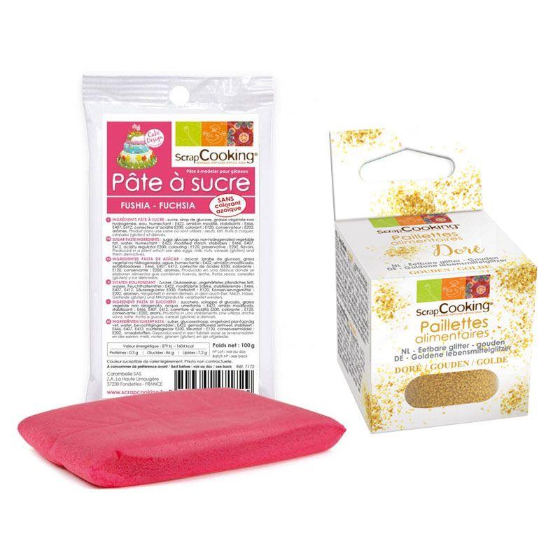 Pâte à sucre fuschia 100 g + paillettes dorées Scrapcooking - Mathon
