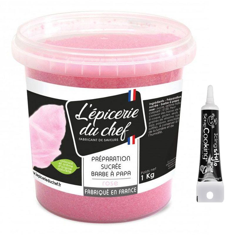 Sucre barbe à papa rose 1 kg + Stylo glaçage noir Scrapcooking - Mathon