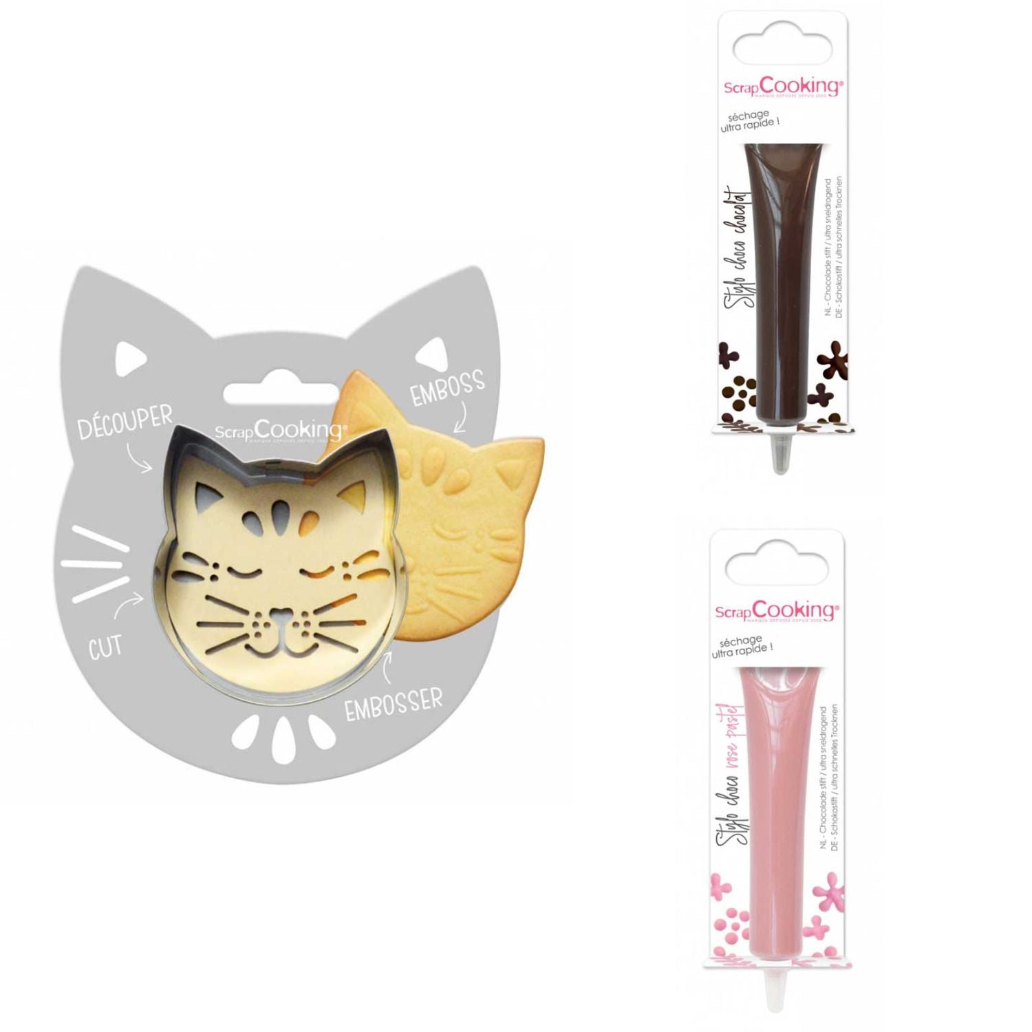 Kit pour biscuit en relief Chat + 2 Stylos au chocolat marron et rose pastel Scrapcooking - Mathon