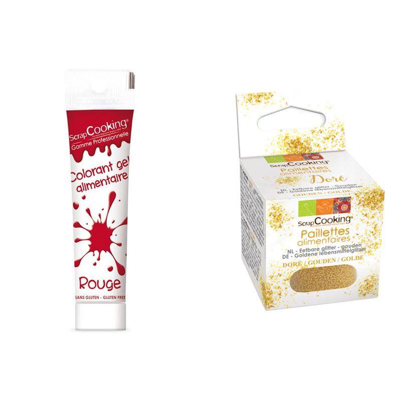 Gel colorant alimentaire rouge 20 g + paillettes dorées Scrapcooking - Mathon