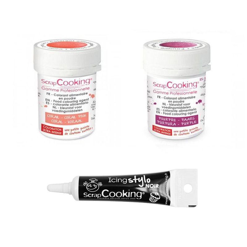 2 colorants alimentaires corail-pourpre + Stylo glaçage noir Scrapcooking - Mathon