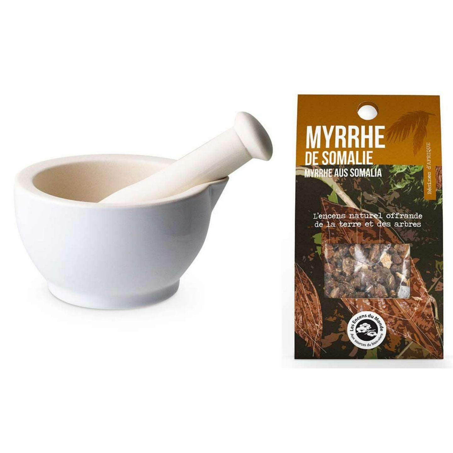 Mortier et pilon en grès blanc + résine de Myrrhe de Somalie Aromandise - Mathon