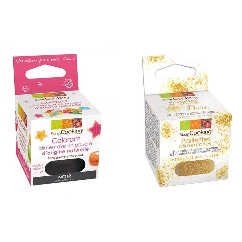 Colorant alimentaire naturel en poudre Noir + paillettes dorées Scrapcooking - Mathon