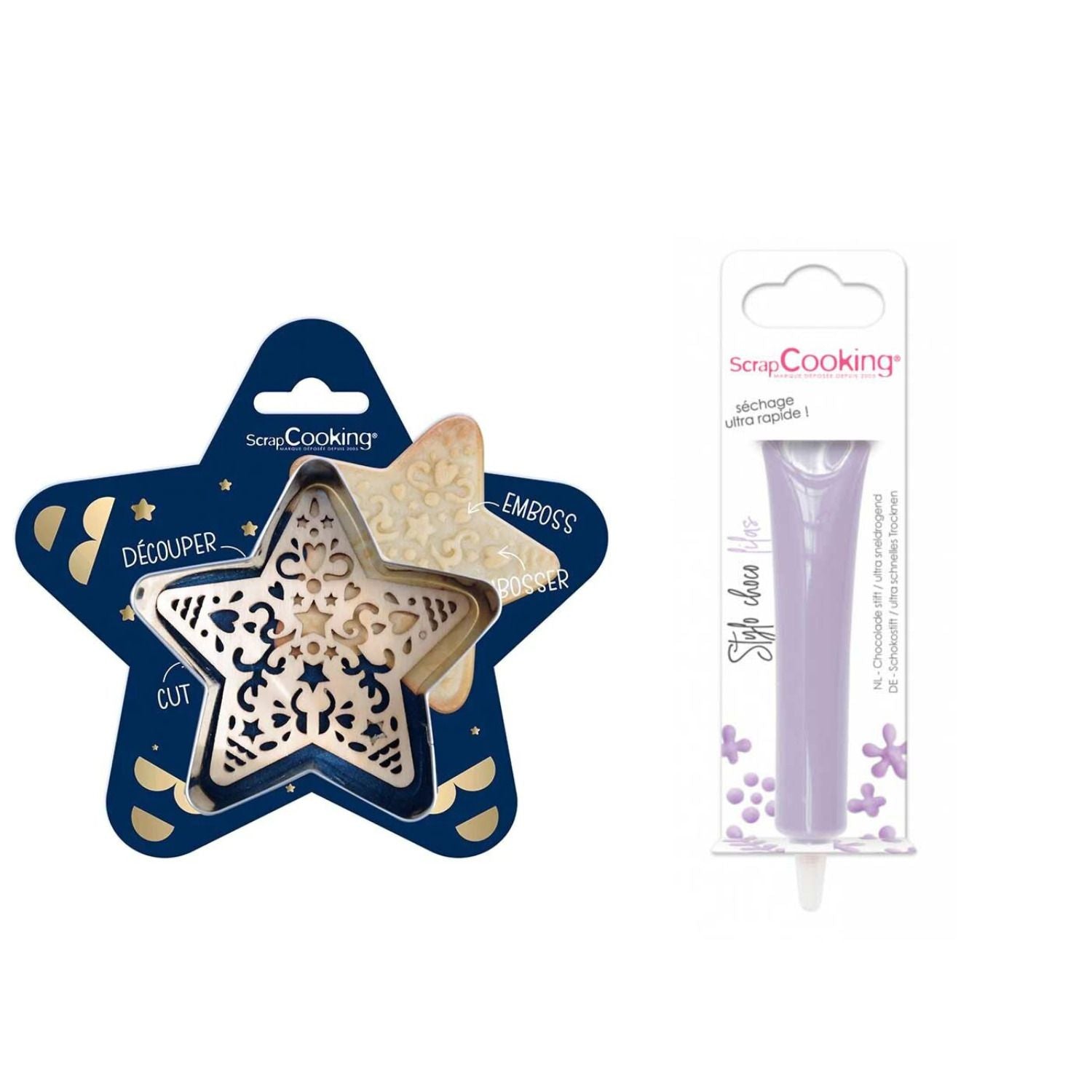 Kit pour biscuit en relief Étoile + Stylo au chocolat lilas Scrapcooking - Mathon