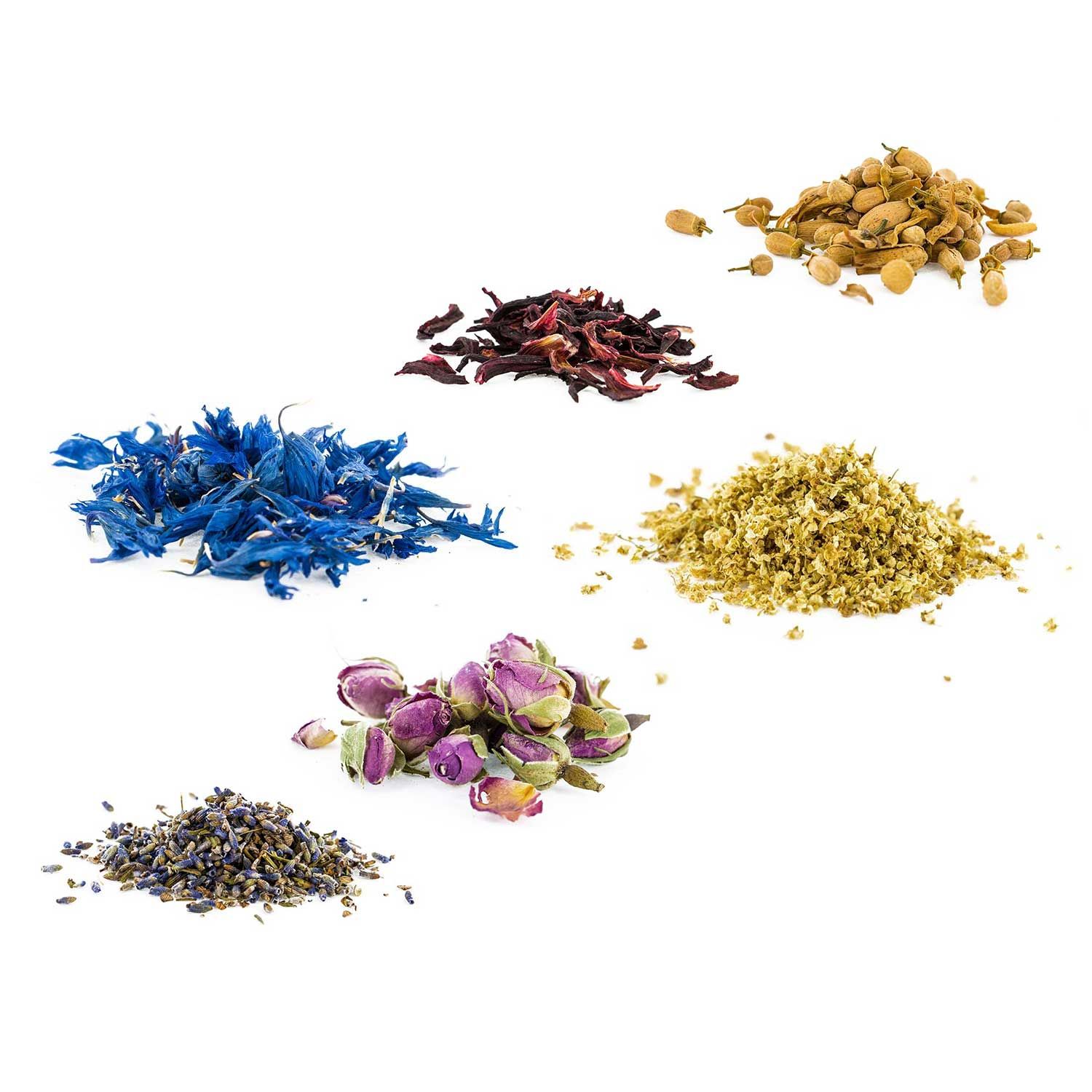 Kit 6 fleurs comestibles - Rose, Hibiscus, Lavande, Oranger, Bleuet, Sureau Aromandise - Mathon