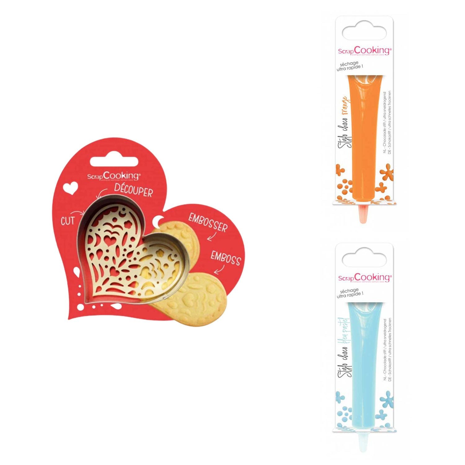 Kit pour biscuit en relief Coeur + 2 Stylos au chocolat orange et bleu pastel Scrapcooking - Mathon