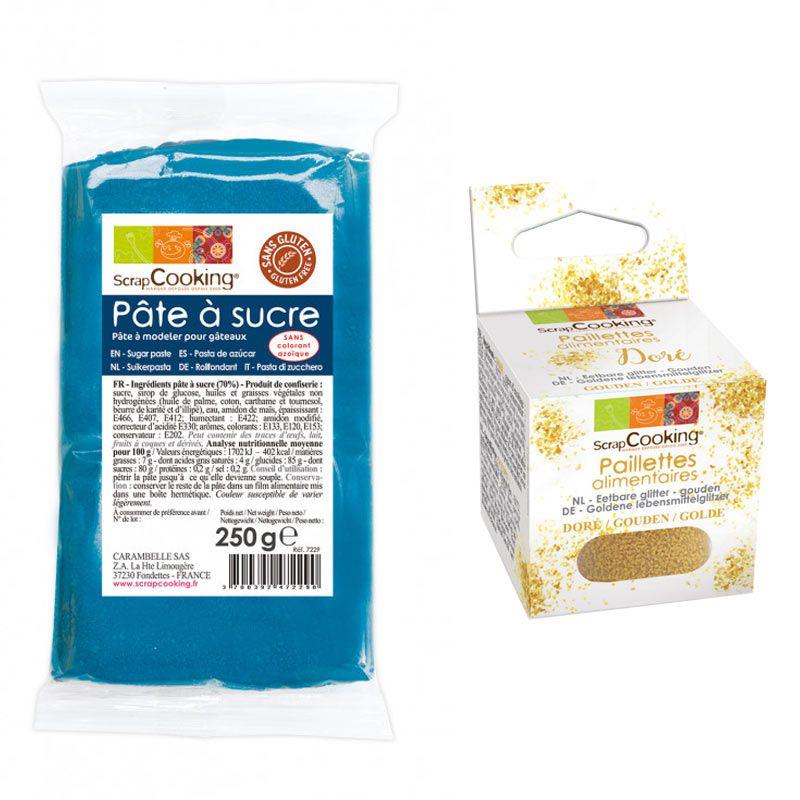 Pâte à sucre bleu foncé 250 g + paillettes dorées Scrapcooking - Mathon