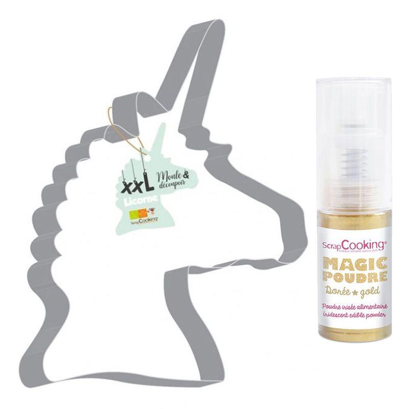 Découpoir à pâtisserie inox XXL Licorne + 1 poudre alimentaire irisée dorée Scrapcooking - Mathon