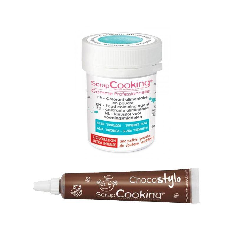 Stylo chocolat + Colorant alimentaire en poudre turquoise Scrapcooking - Mathon