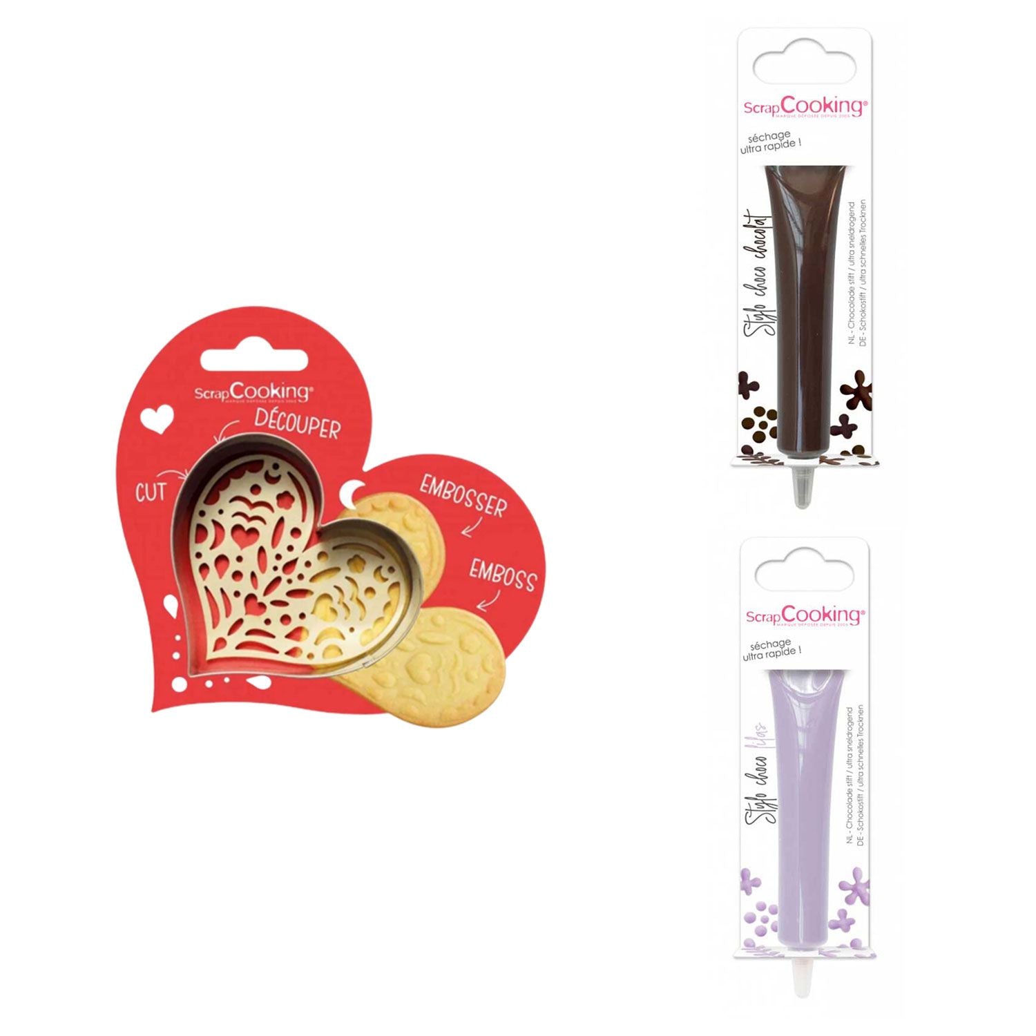 Kit pour biscuit en relief Coeur + 2 Stylos au chocolat marron et lilas Scrapcooking - Mathon