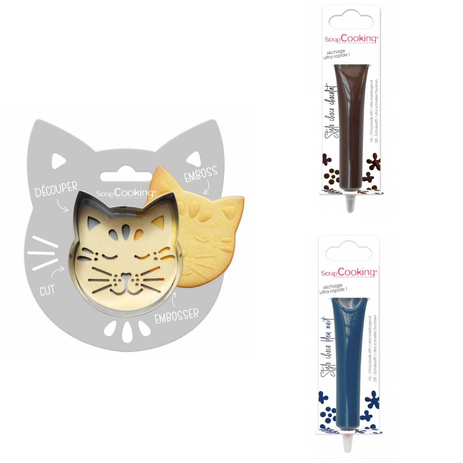 Kit pour biscuit en relief Chat + 2 Stylos au chocolat marron et bleu nuit Scrapcooking - Mathon