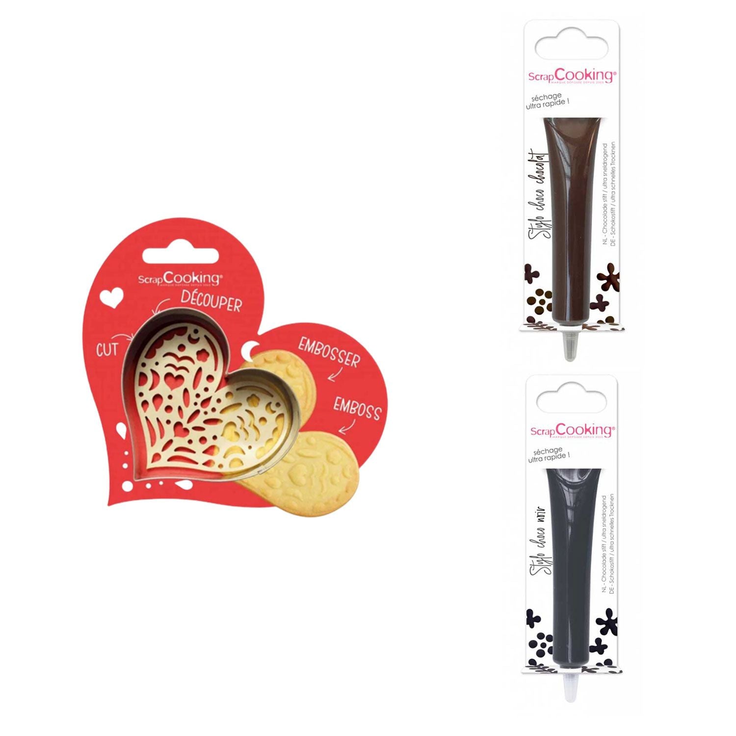 Kit pour biscuit en relief Coeur + 2 Stylos au chocolat marron et noir Scrapcooking - Mathon