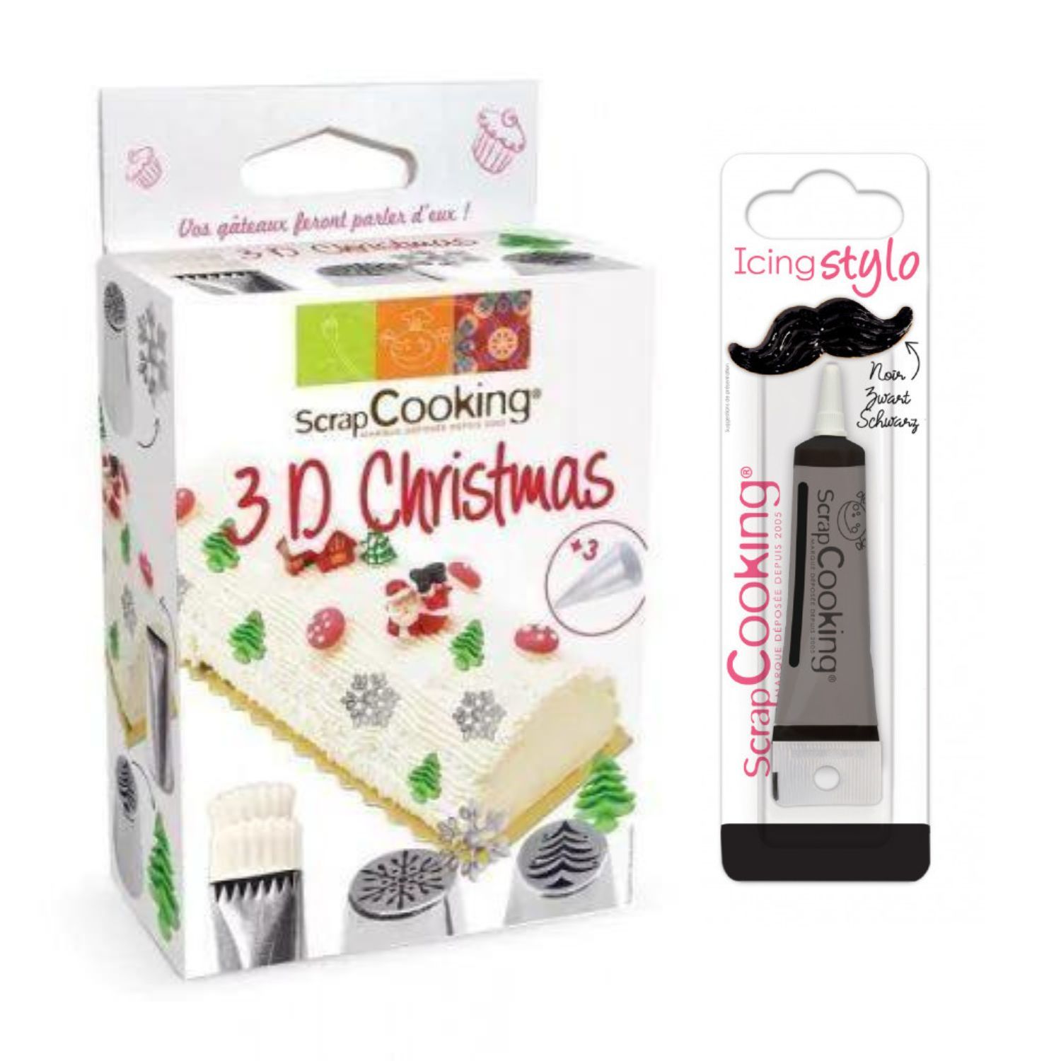 Kit de douilles à pâtisserie 3D Noël + Stylo de glaçage noir Scrapcooking - Mathon