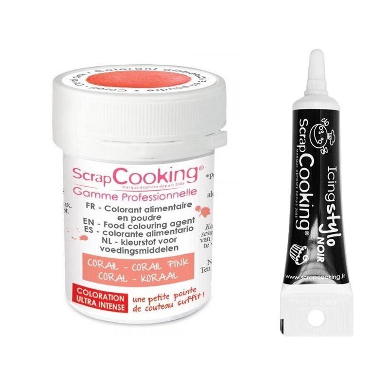 Colorant alimentaire en poudre corail + Stylo glaçage noir Scrapcooking - Mathon