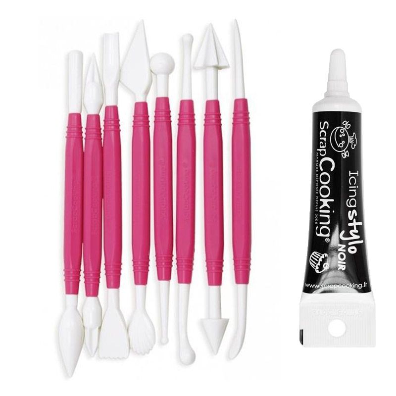 8 outils pâte à sucre + Stylo de glaçage noir Scrapcooking - Mathon