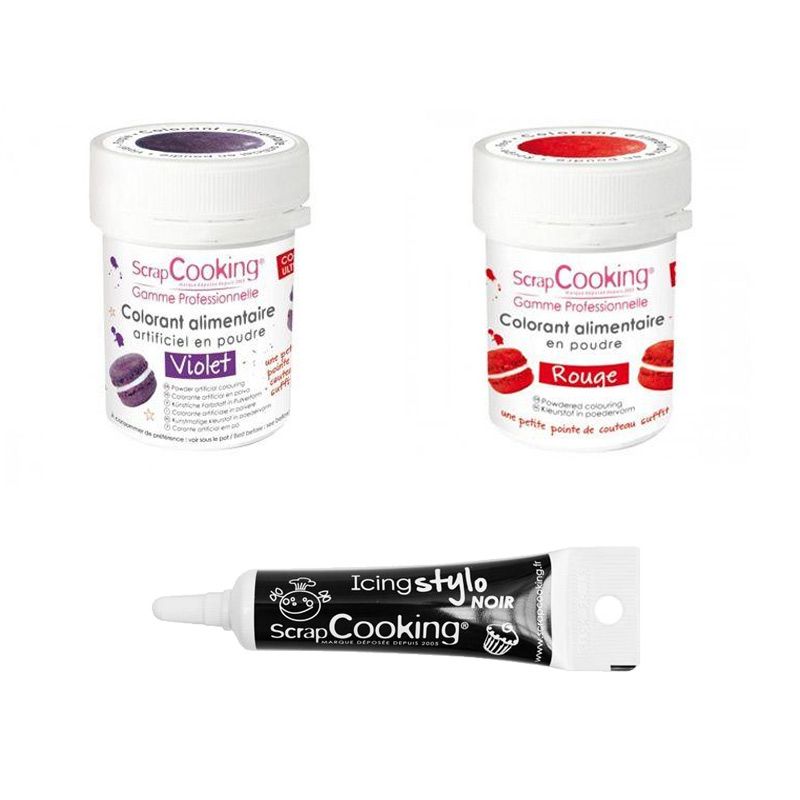 2 colorants alimentaires rouge-violet + Stylo glaçage noir Scrapcooking - Mathon