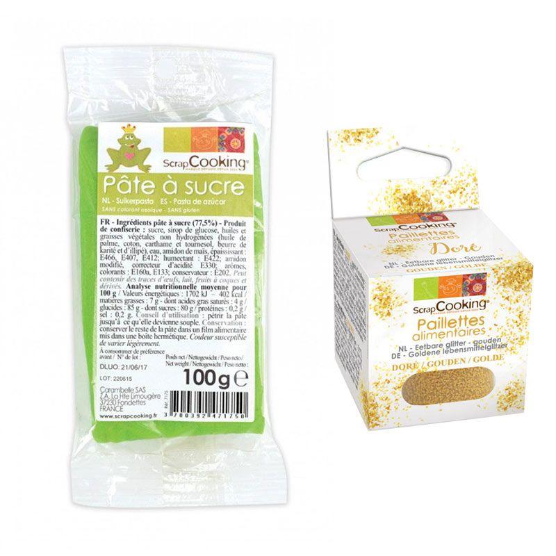 Pâte à sucre vert prairie 100 g + paillettes dorées Scrapcooking - Mathon