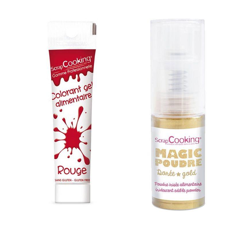 Gel colorant alimentaire rouge 20 g + Poudre alimentaire irisée dorée Scrapcooking - Mathon