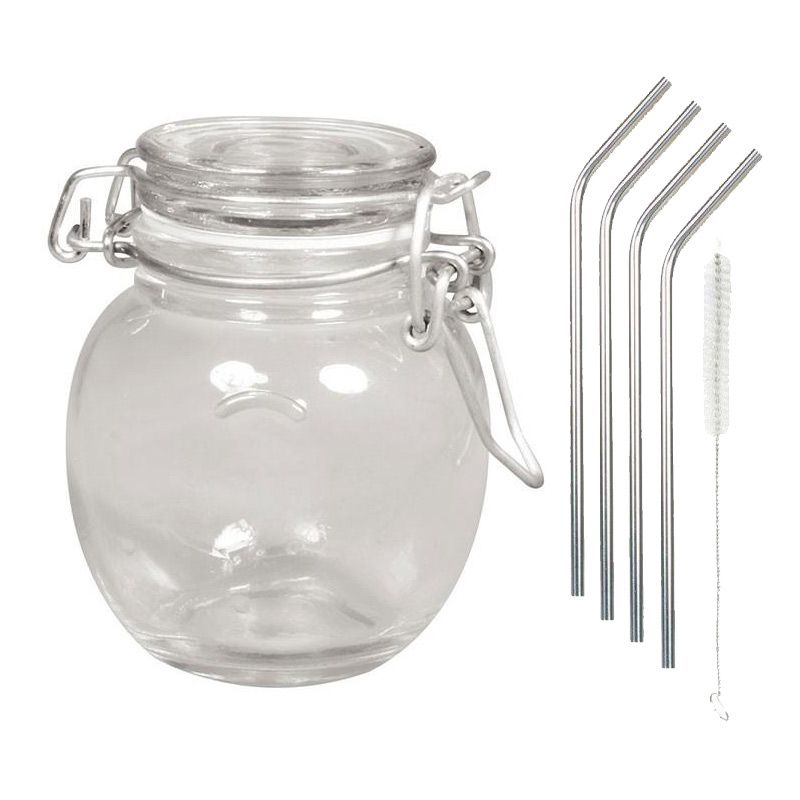 Bocal verre avec couvercle + 4 pailles en inox Youdoit - Mathon