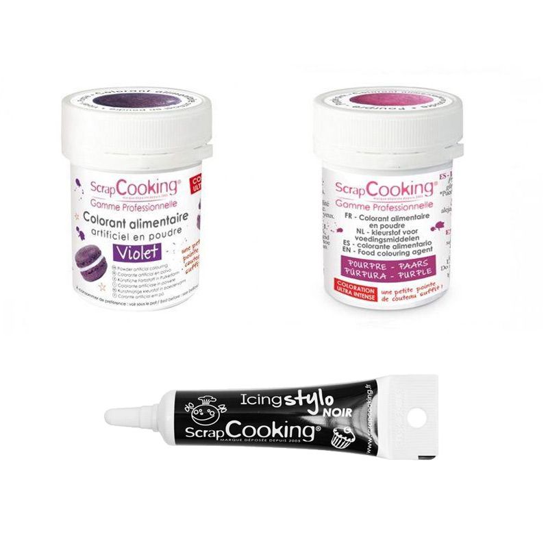 2 colorants alimentaires violet-pourpre + Stylo glaçage noir Scrapcooking - Mathon