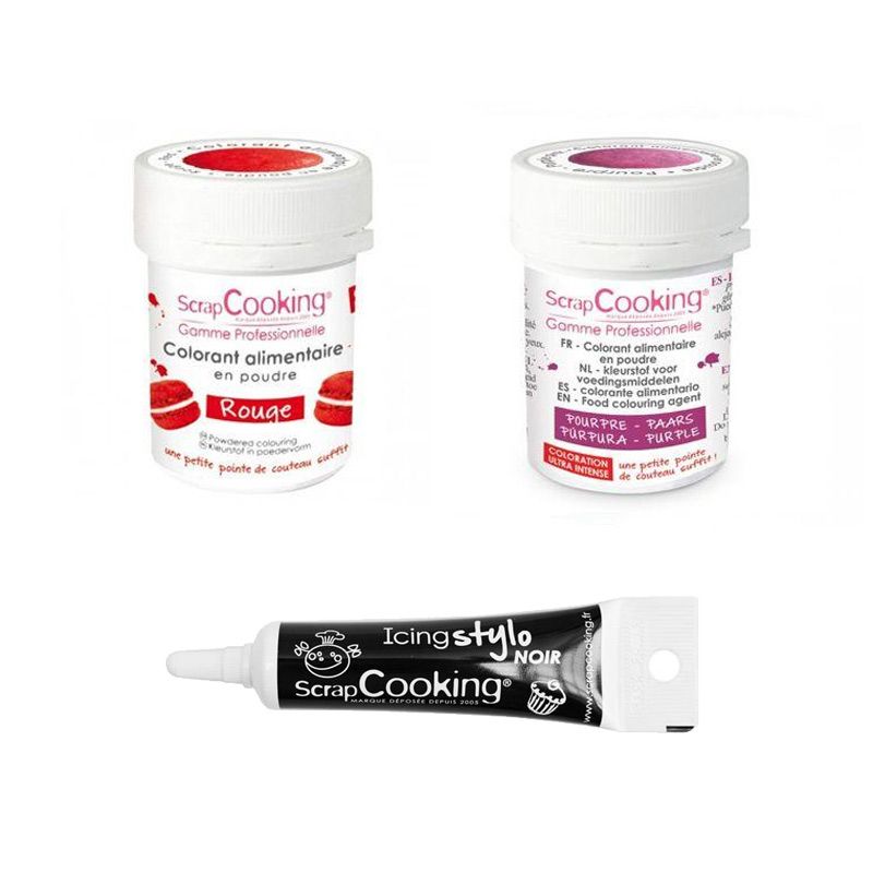 2 colorants alimentaires rouge-pourpre + Stylo glaçage noir Scrapcooking - Mathon