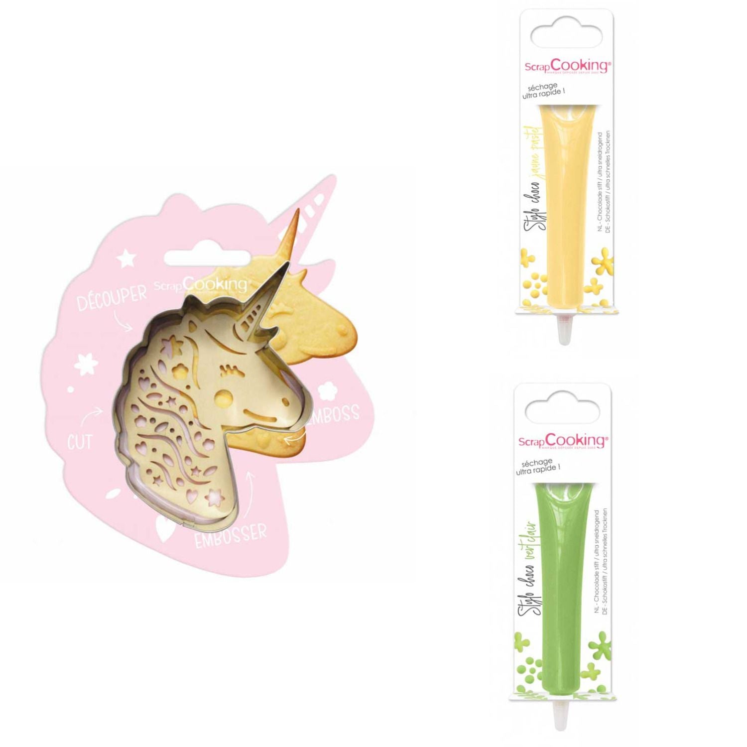 Kit pour biscuit en relief Licorne + 2 Stylos au chocolat jaune pastel et vert clair Scrapcooking - Mathon