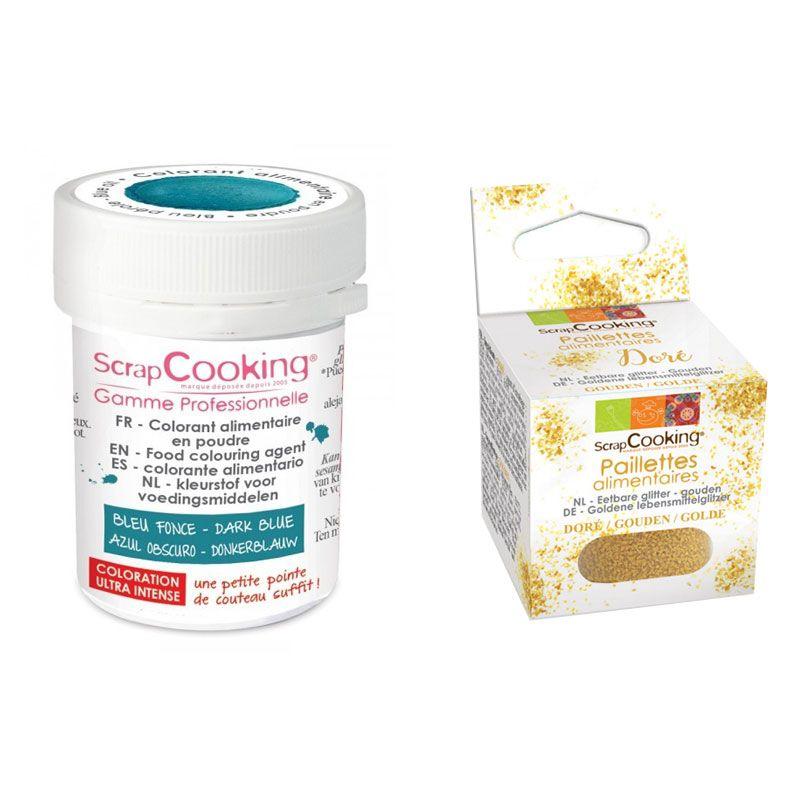 Colorant alimentaire en poudre bleu foncé + paillettes dorées Scrapcooking - Mathon