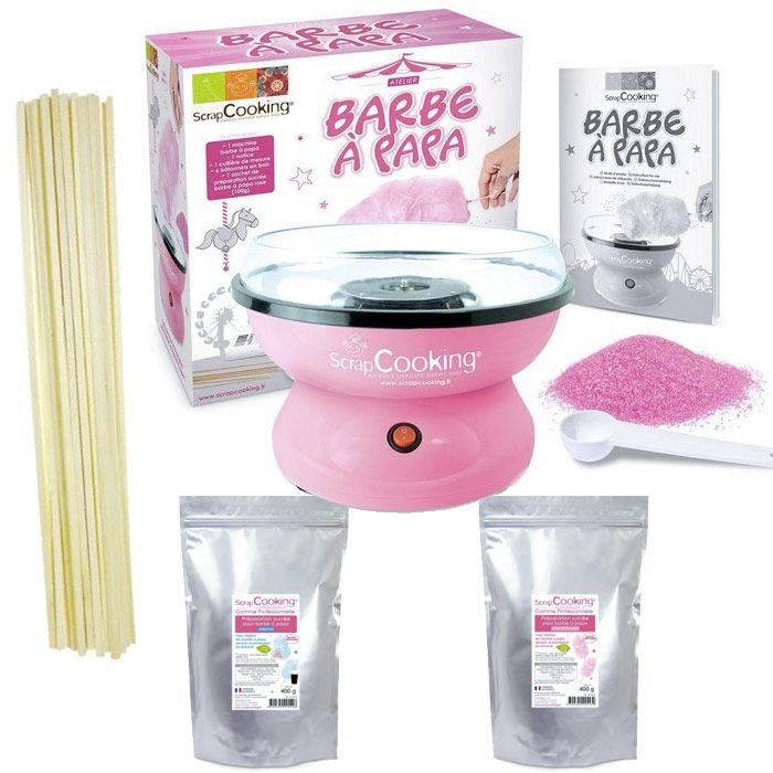 Coffret Barbe à papa - Machine + préparation rose 400 g et bleue 400 g + 100 bâtonnets Scrapcooking - Mathon