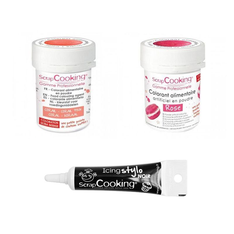 2 colorants alimentaires corail-rose + Stylo glaçage noir Scrapcooking - Mathon