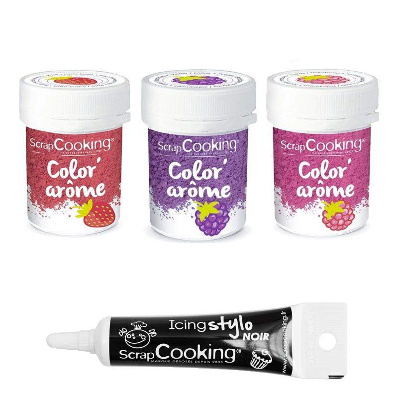3 colorants alimentaires framboise, mûre & fraise + Stylo glaçage noir Scrapcooking - Mathon
