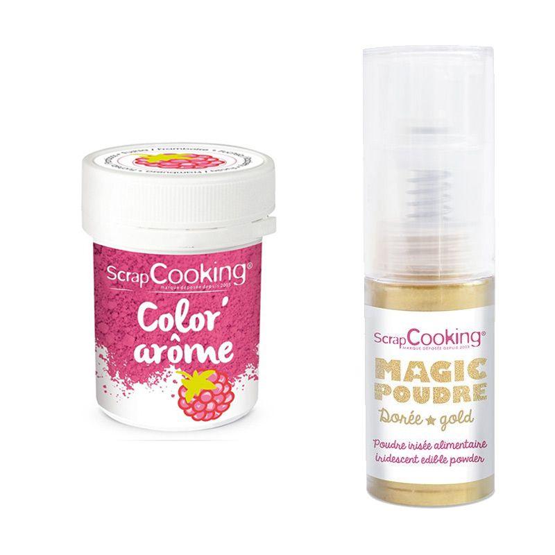 Colorant alimentaire rose arôme framboise + Poudre alimentaire irisée dorée Scrapcooking - Mathon