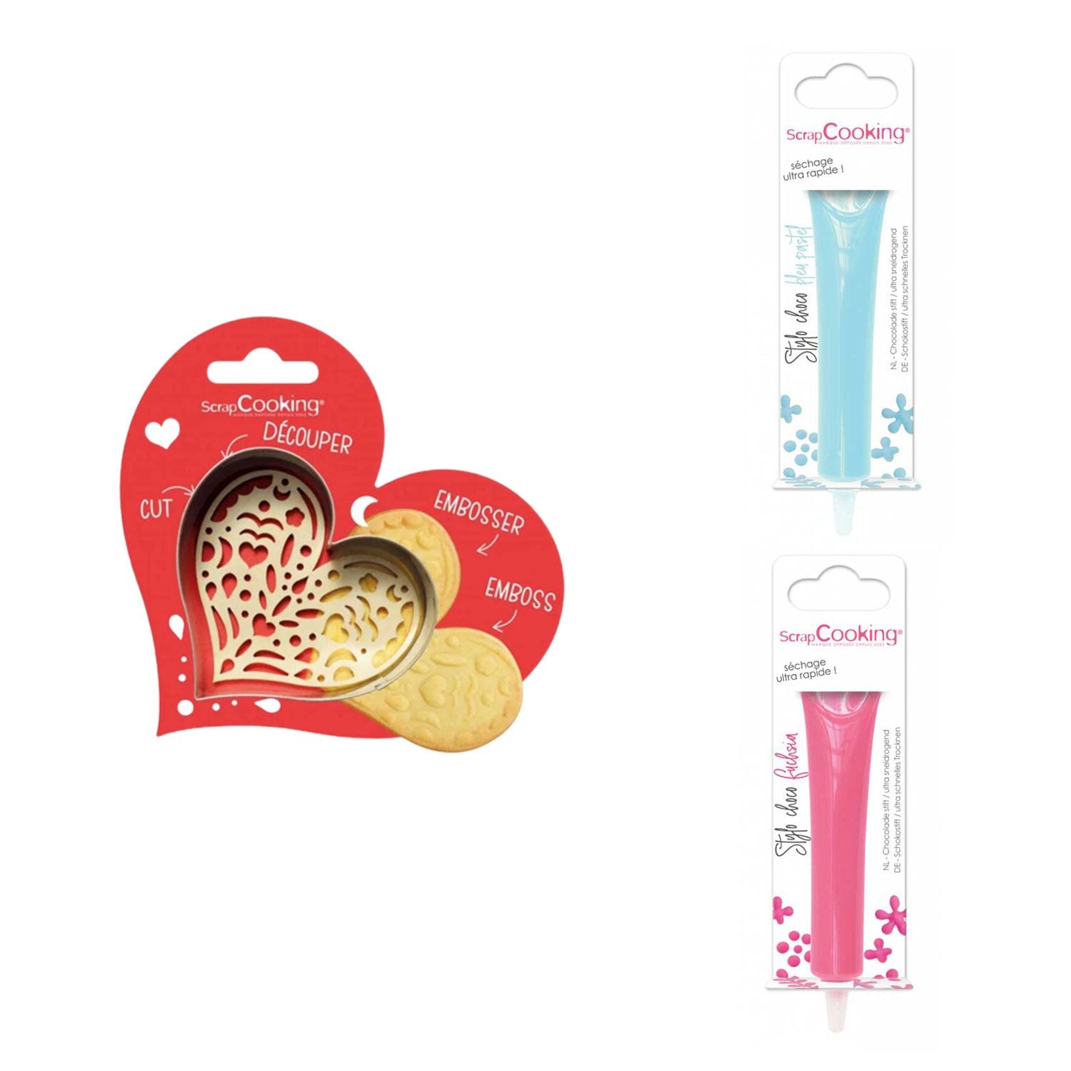 Kit pour biscuit en relief Coeur + 2 Stylos au chocolat bleu pastel et fuchsia Scrapcooking - Mathon