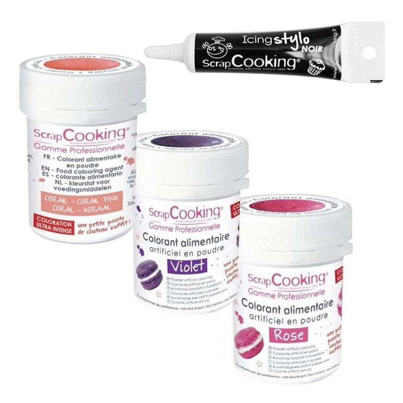 3 colorants alimentaires Rose-violet-corail + Stylo glaçage noir Scrapcooking - Mathon